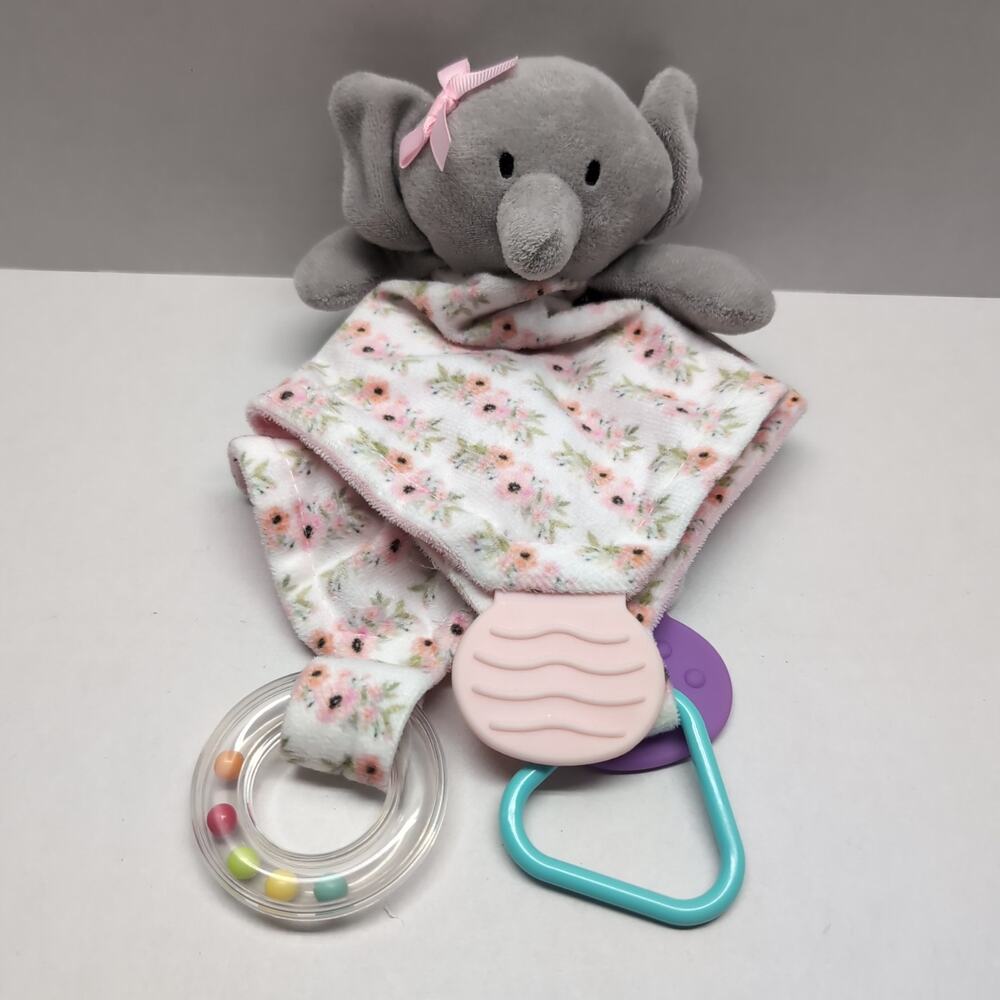 Modern‎ Baby Elephant Lovey Plush w/Teether & Rattle Snuggle Blankie Pink Floral